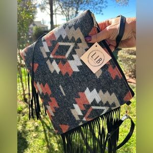 Western Print Faux Suede Fringe Crossbody Bag NWT